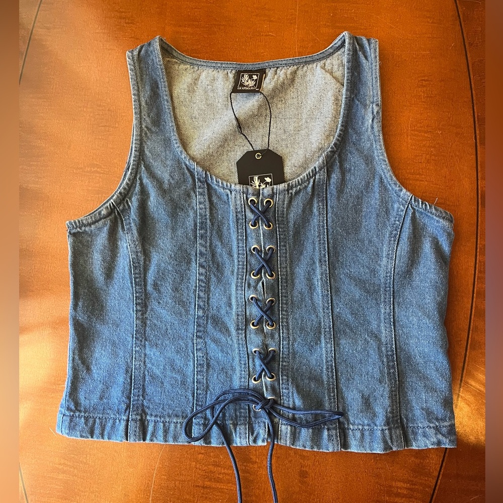 La Armario denim lace-up vest top with blue strings in front. Blue. Size M. NWT - Picture 8 of 11